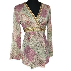 J Jill Pink and Beige Boho Hanky Print Sheer Beaded Top